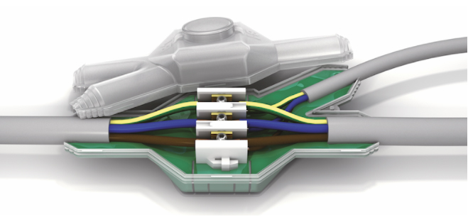 MUFFOLA DI GIUNZIONE + DERIVAZIONE CON 3 MORSETTI