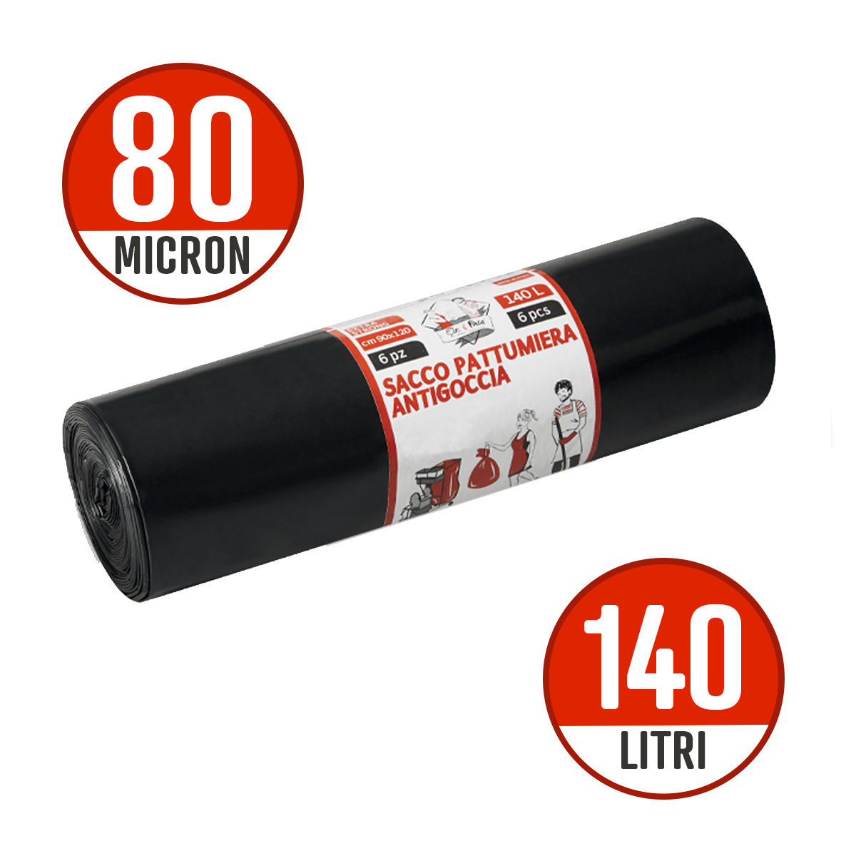 ROTOLO DA 6 SACCHI NERI 90x120 my 80 ANTIGOCCIA, ROBUSTI E IMPERMEABILI