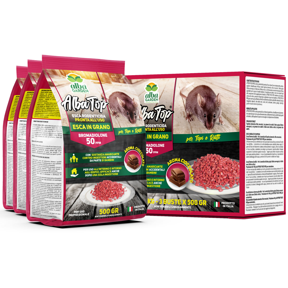 RODENTICIDA IN GRANO ROSSO 1,5 KG - 3 BUSTE DA 500 GRAMMI
