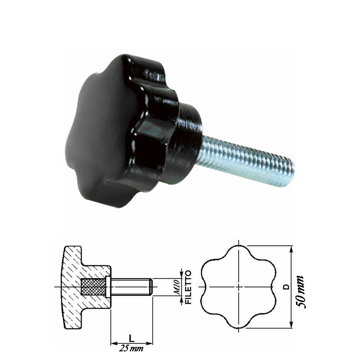 VOLANTINO 6 LOBI Ø 50 MAS. M10X25