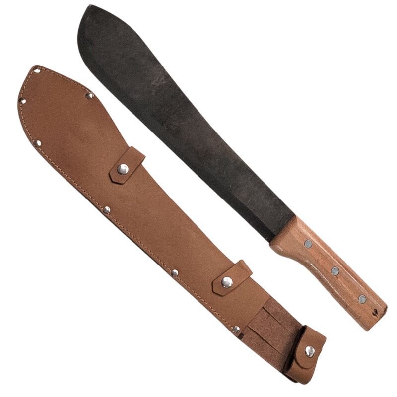 MACHETE IN ACCIAIO MANICO LEGNO E LAMA DA 35 CM CON FODERO IN CUOIO